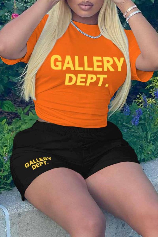 Orange Casual Print Letter O Neck Short Sleeve Two Pieces