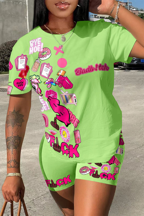 Fluorescent Color Casual Street Print Patchwork O Neck Short Sleeve Two Pieces