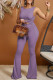 Light Purple Sexy Solid Hollowed Out Patchwork Knotted O Neck Skinny Jumpsuits