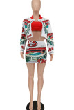 White Street Print Patchwork Cardigan Collar Long Sleeve Two Pieces
