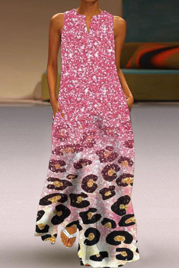 Pink Casual Print Patchwork V Neck Straight Dresses
