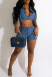 Blue Casual Solid Patchwork Pocket Buckle Turndown Collar Short Sleeve Two Pieces