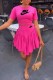 Rose Red Elegant Print Fold Letter O Neck Short Sleeve Two Pieces