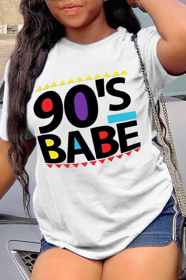 White Street Vintage Print Patchwork Letter O Neck T-Shirts