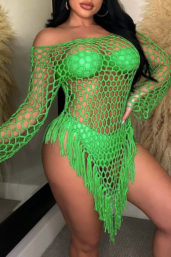 Green Sexy Solid Tassel Hollowed Out Patchwork Asymmetrical Swimwears Cover Up