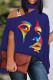 Blue Casual Print Patchwork Asymmetrical Collar Plus Size Tops