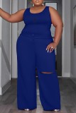 Deep Blue Casual Print Ripped U Neck Sleeveless Two Pieces