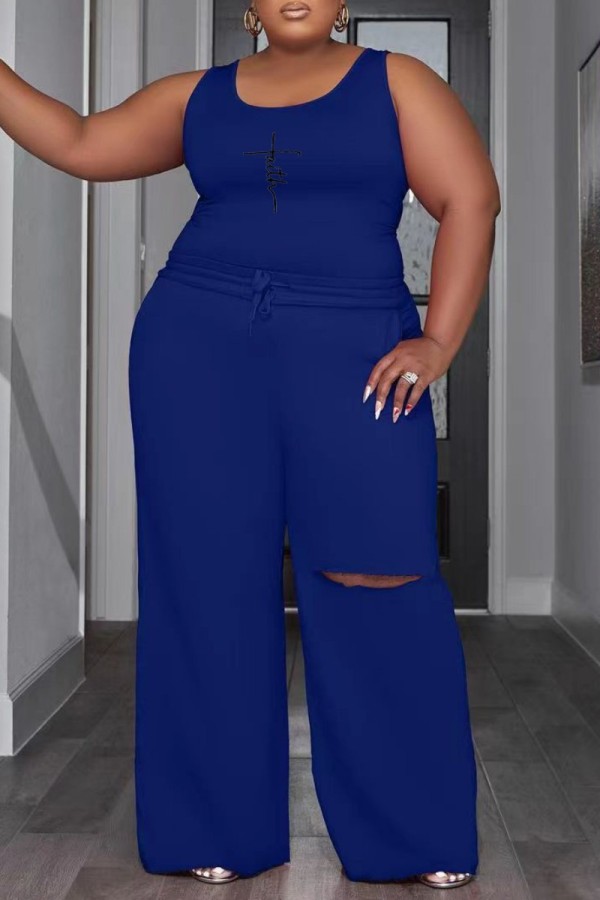Deep Blue Casual Print Ripped U Neck Sleeveless Two Pieces