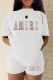 White Casual Print Letter O Neck Short Sleeve Two Pieces