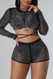 Black Sexy Patchwork Hot Drilling Frenulum See-through O Neck Long Sleeve Two Pieces