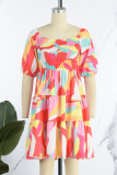 Red Sweet Print Patchwork Square Collar A Line Dresses
