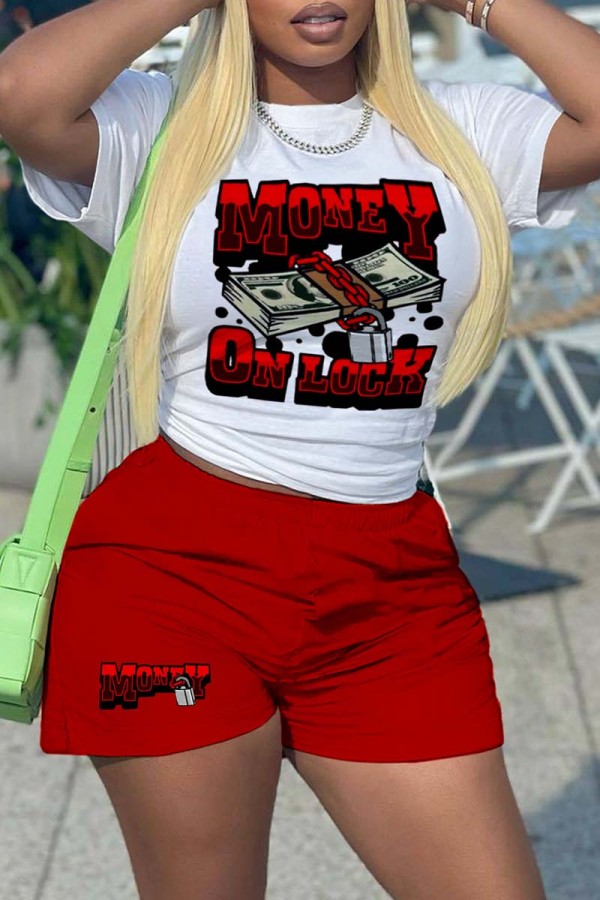 Red Casual Daily Print Basic O Neck Short Sleeve Two Pieces