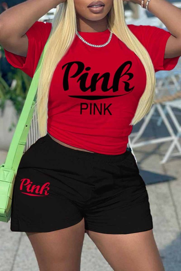 Red Casual Print Letter O Neck Short Sleeve Two Pieces