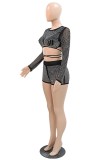 Black Sexy Patchwork Hot Drilling Frenulum See-through O Neck Long Sleeve Two Pieces