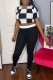 Black Casual Daily Plaid Print Patchwork O Neck Short Sleeve Two Pieces
