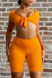 Blue Sexy Solid Frenulum V Neck Short Sleeve Two Pieces