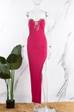Colorful Blue Sexy Solid Patchwork Slit Hot Drill Strapless Long Dress Dresses