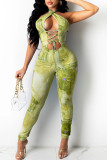 Lake Blue Sexy Print Hollowed Out Patchwork Frenulum Halter Skinny Jumpsuits