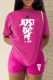 Rose Red Casual Print Letter O Neck Short Sleeve Two Pieces