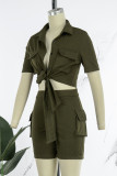 Army Green Casual Solid Bandage Patchwork Pocket Buckle Turndown Collar Short Sleeve Two Pieces