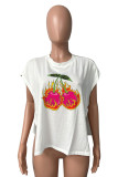 Pink Street Print Patchwork Slit O Neck Tops