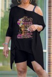 Black Gold Casual Print Asymmetrical Oblique Collar Long Sleeve Two Pieces