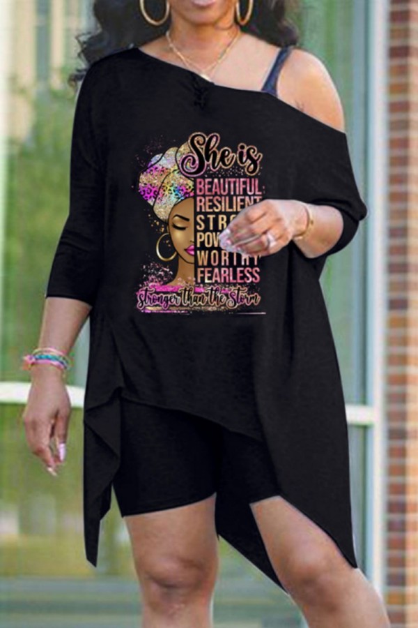 Black Pink Casual Print Asymmetrical Oblique Collar Long Sleeve Two Pieces