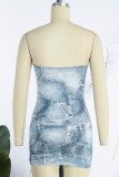 Blue Sexy Street Print Patchwork Strapless Pencil Skirt Dresses