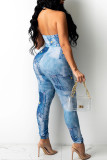 Lake Blue Sexy Print Hollowed Out Patchwork Frenulum Halter Skinny Jumpsuits