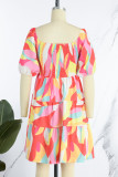 Red Sweet Print Patchwork Square Collar A Line Dresses