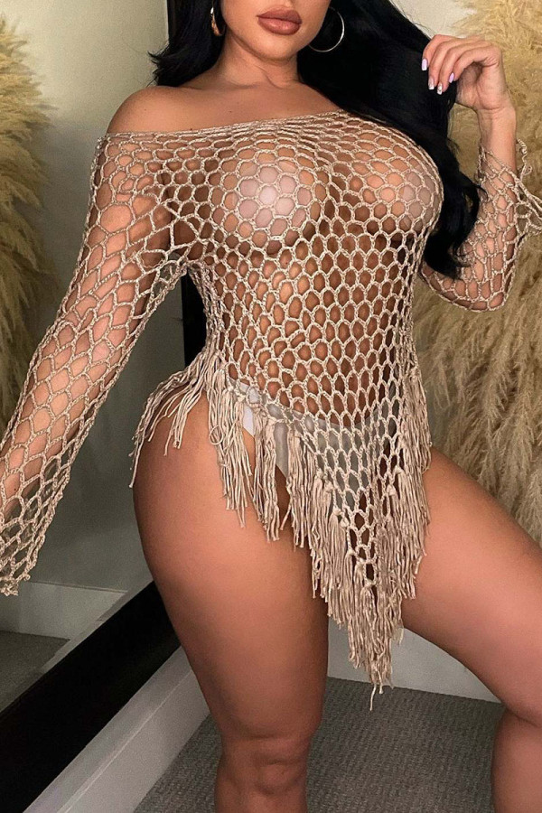 Camel Sexy Solid Tassel Hollowed Out Patchwork Asymmetrical Swimwears Cover Up