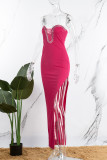 Colorful Blue Sexy Solid Patchwork Slit Hot Drill Strapless Long Dress Dresses