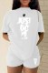 White Casual Print Letter O Neck Short Sleeve Two Pieces