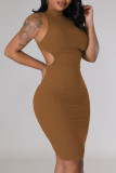 Rose Red Sexy Solid Bandage Patchwork Backless Half A Turtleneck Pencil Skirt Dresses