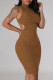 Brown Sexy Solid Bandage Patchwork Backless Half A Turtleneck Pencil Skirt Dresses