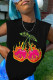 Black Street Print Patchwork Slit O Neck Tops