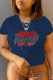 Navy Blue Casual Daily Print Patchwork Letter O Neck T-Shirts