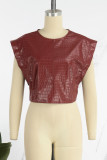 Burgundy Casual Solid Patchwork O Neck T-Shirts