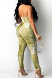 Lake Blue Sexy Print Hollowed Out Patchwork Frenulum Halter Skinny Jumpsuits