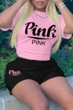 Red Casual Print Letter O Neck Short Sleeve Two Pieces