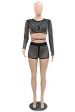 Black Sexy Patchwork Hot Drilling Frenulum See-through O Neck Long Sleeve Two Pieces