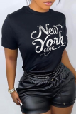 Black Casual Vintage Print Patchwork Letter O Neck T-Shirts