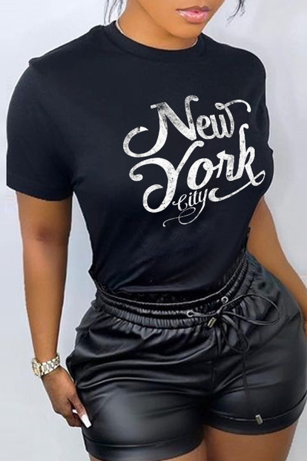 Black Casual Vintage Print Patchwork Letter O Neck T-Shirts