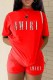 Red Casual Print Letter O Neck Short Sleeve Two Pieces