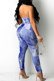 Lake Blue Sexy Print Hollowed Out Patchwork Frenulum Halter Skinny Jumpsuits