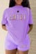 Purple Casual Print Letter O Neck Short Sleeve Two Pieces
