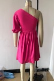Rose Red Casual Solid Backless Oblique Collar A Line Dresses (Subject To The Actual Object)