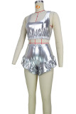 Silver Sexy Solid Patchwork Fold U Neck Two Pieces