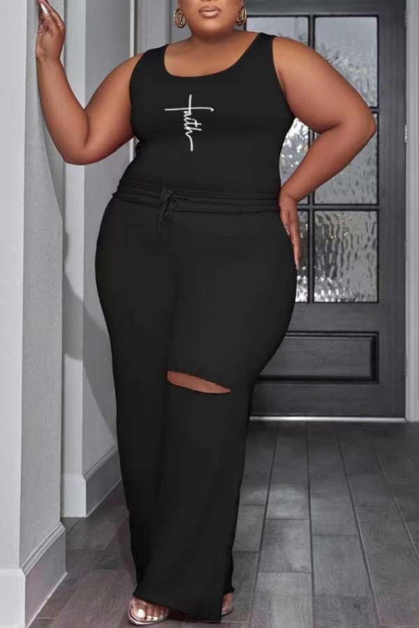 Black Casual Print Ripped U Neck Sleeveless Two Pieces