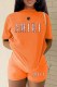 Orange Casual Print Letter O Neck Short Sleeve Two Pieces